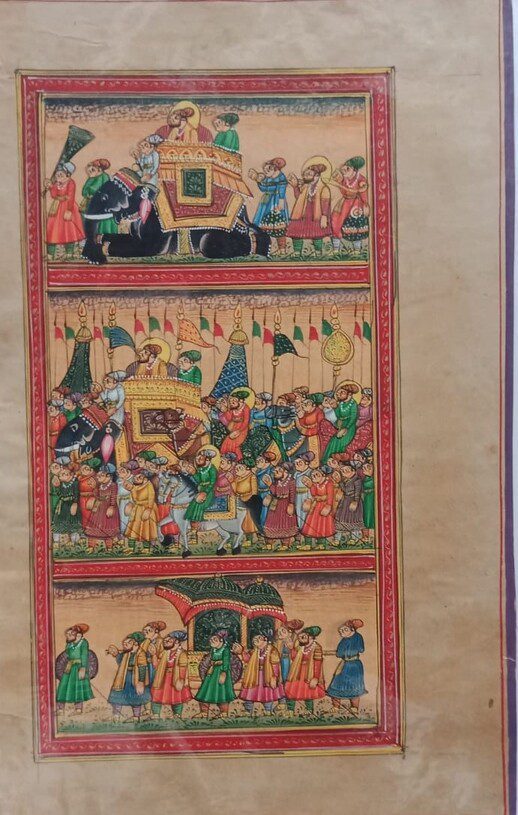Indian Traditional Miniature Mughal Procession Painting Old Paper